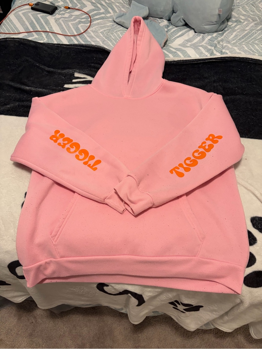 Pink Graphic Crewneck Hoodie with Orange 'TIGGER' Sleeve Print